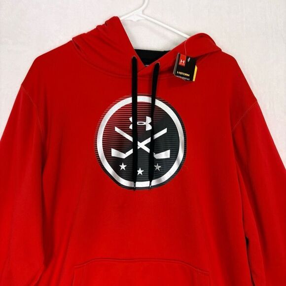 New Under Armour Hockey Red Fleece Lined Hooded Pullover Sweatshirt Men's XL - Picture 2 of 12